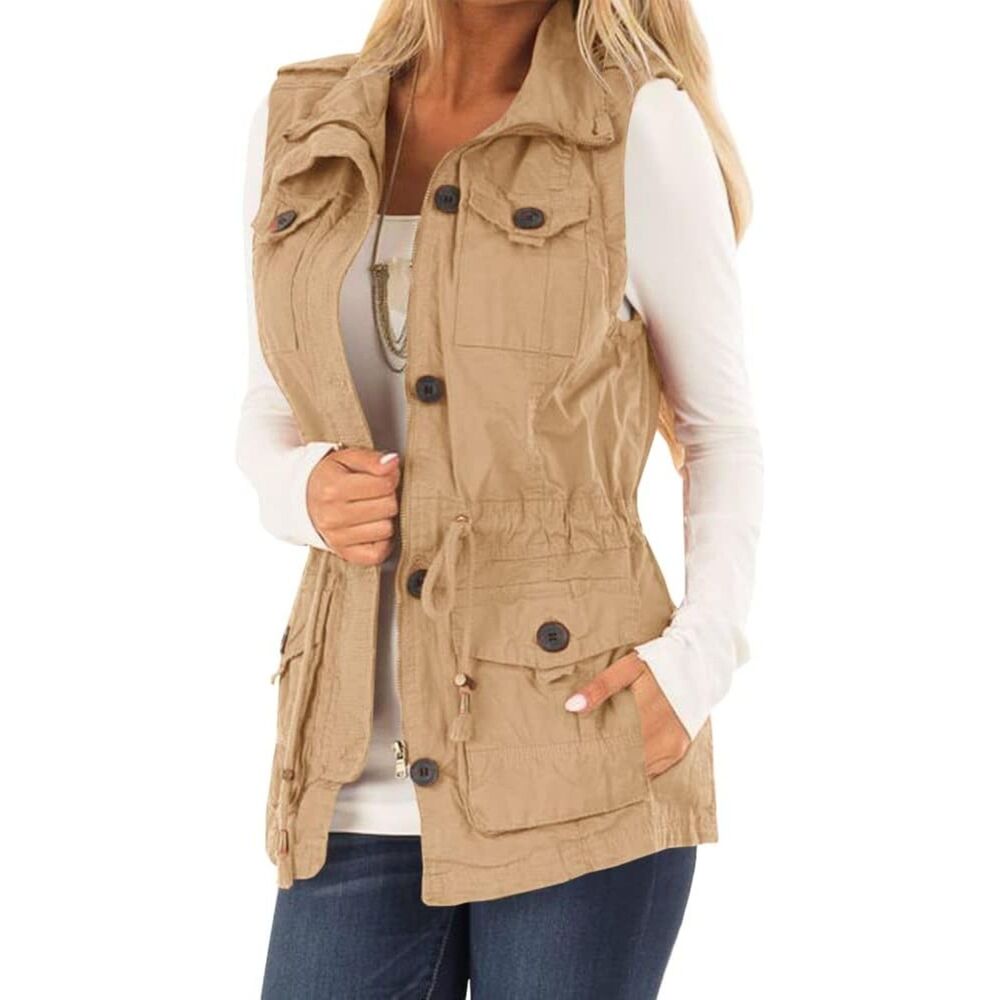 Casual Utility Vest Lightweight Sleeveless Drawstring Jacket, Large, 14J-190T004
